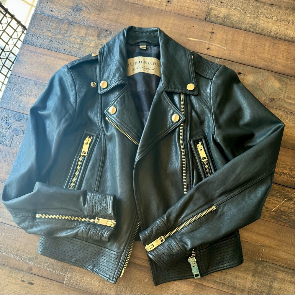 Burberry Black Leather Jacket with Gold Details